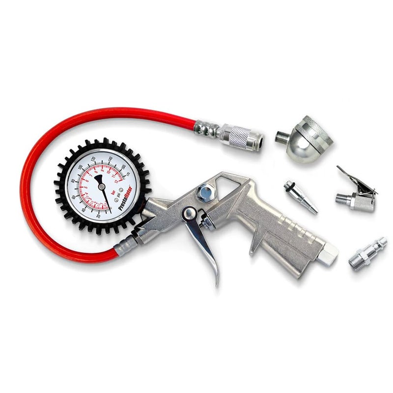 Prestacycle Prestaflator Multipurpose Bicycle Tire Inflation Tool â€“ Presta & Schrader Air Compressor Tool with QuickClickâ„¢ Heads, Steel Gauge, Variable-Rate Trigger, and High-Flex Hose - Image 1